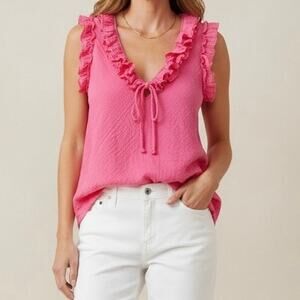 Starkx Cotton Gauze Duke Sleeveless Blouse Small Pink Ruffle Collar Preppy USA